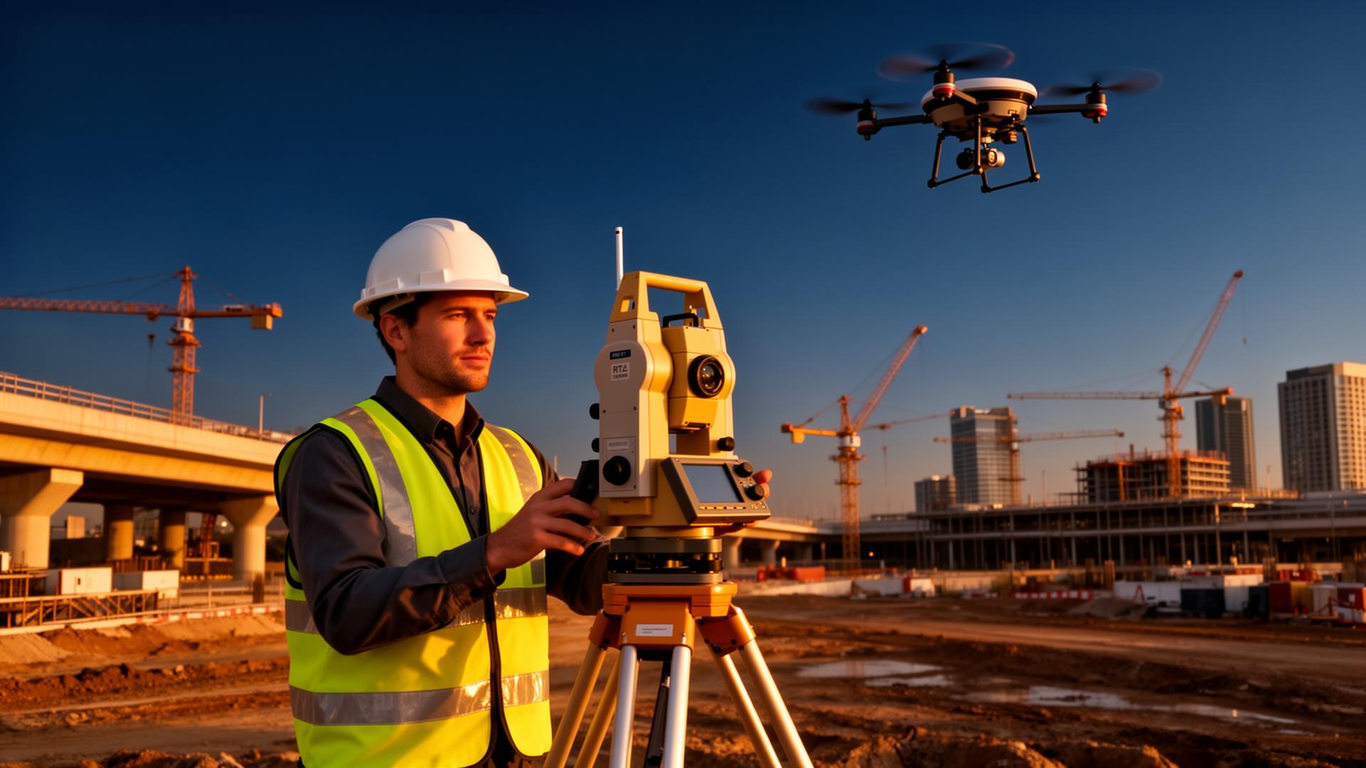 Surveyor with GNSS equipment on construction site